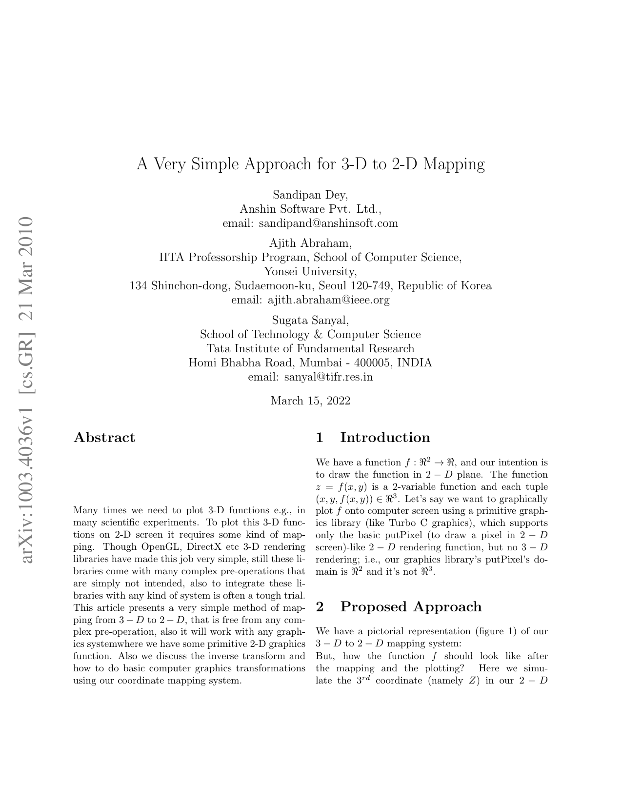 A Very Simple Approach for 3-D to 2-D Mapping