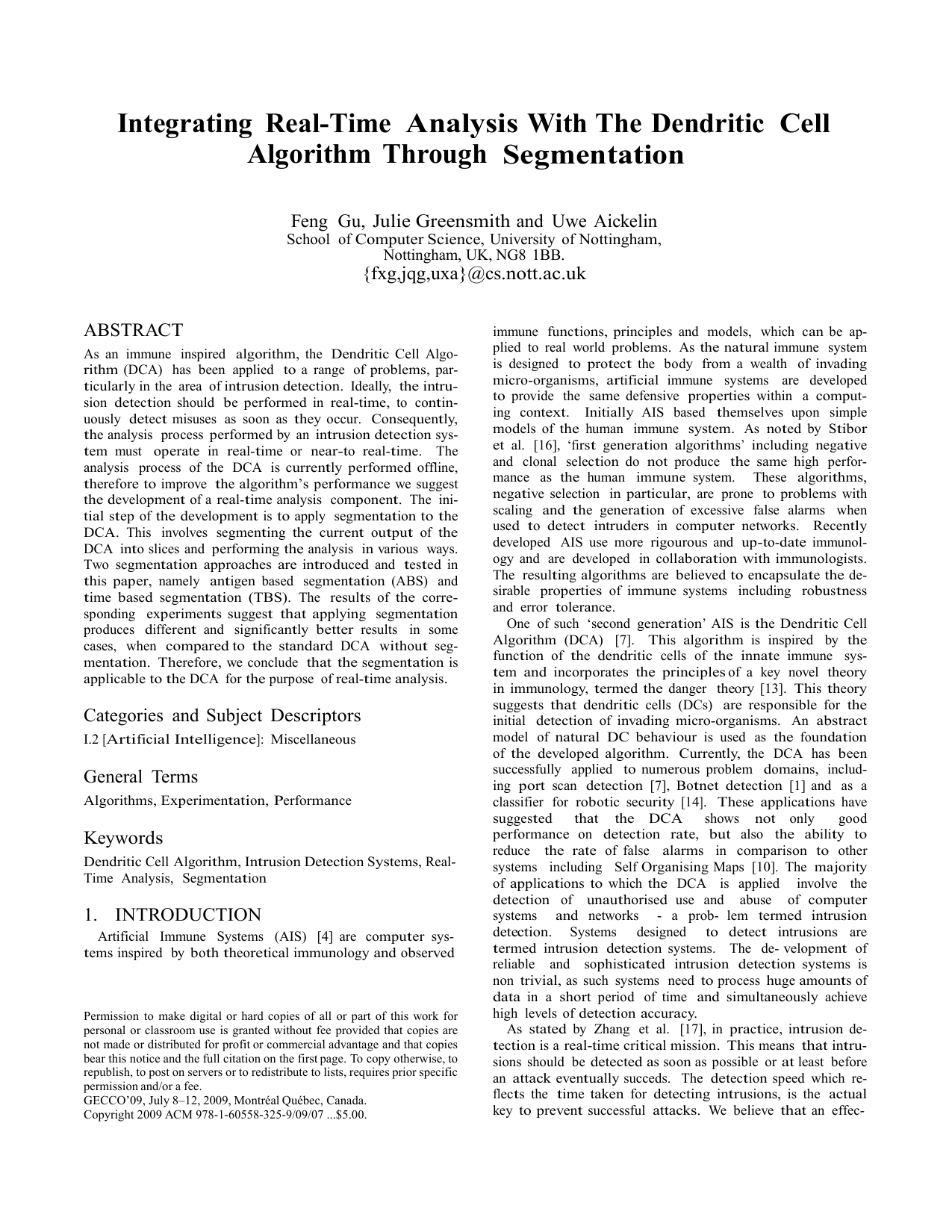 Integrating Real-Time Analysis With The Dendritic Cell Algorithm Through Segmentation