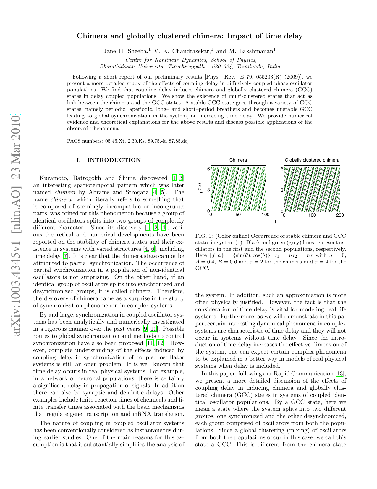 Chimera and globally clustered chimera: Impact of time delay