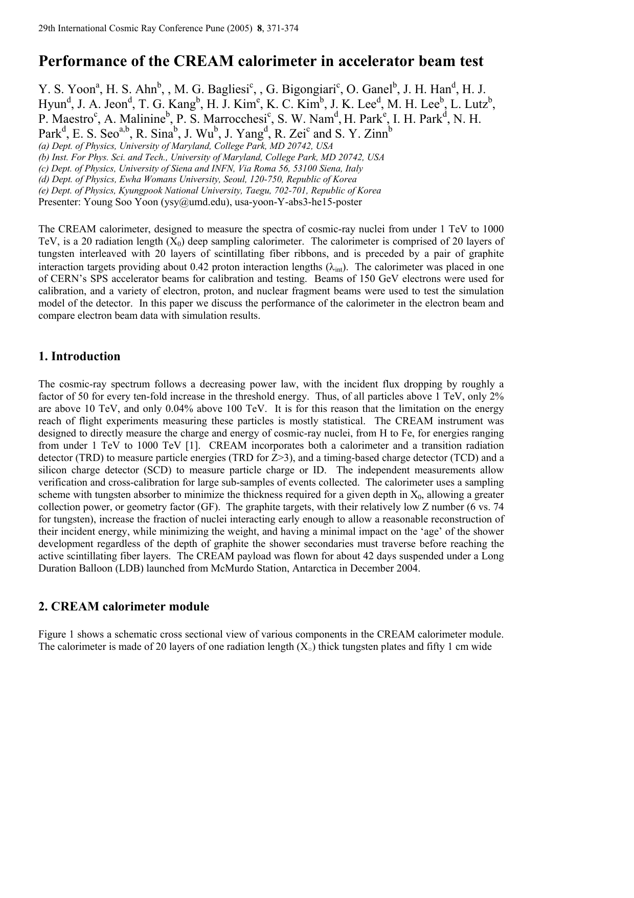 Performance of the CREAM calorimeter in accelerator beam test