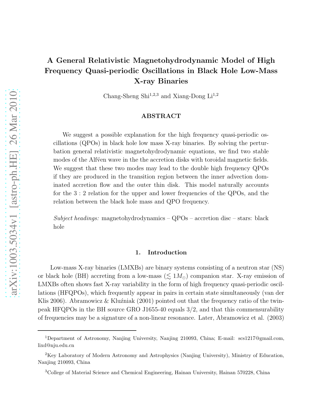 A General Relativistic Magnetohydrodynamic Model of High Frequency   Quasi-periodic Oscillations in Black Hole Low-Mass X-ray Binaries