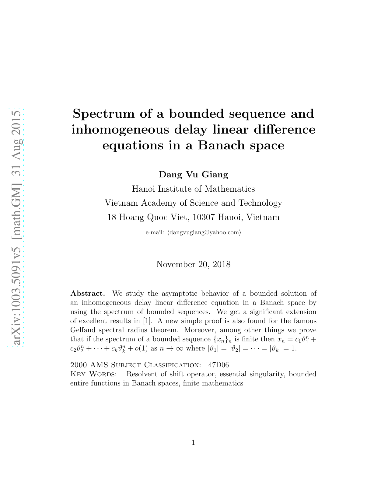 Spectrum of a bounded sequence and inhomogeneous delay linear difference   equations in a Banach space
