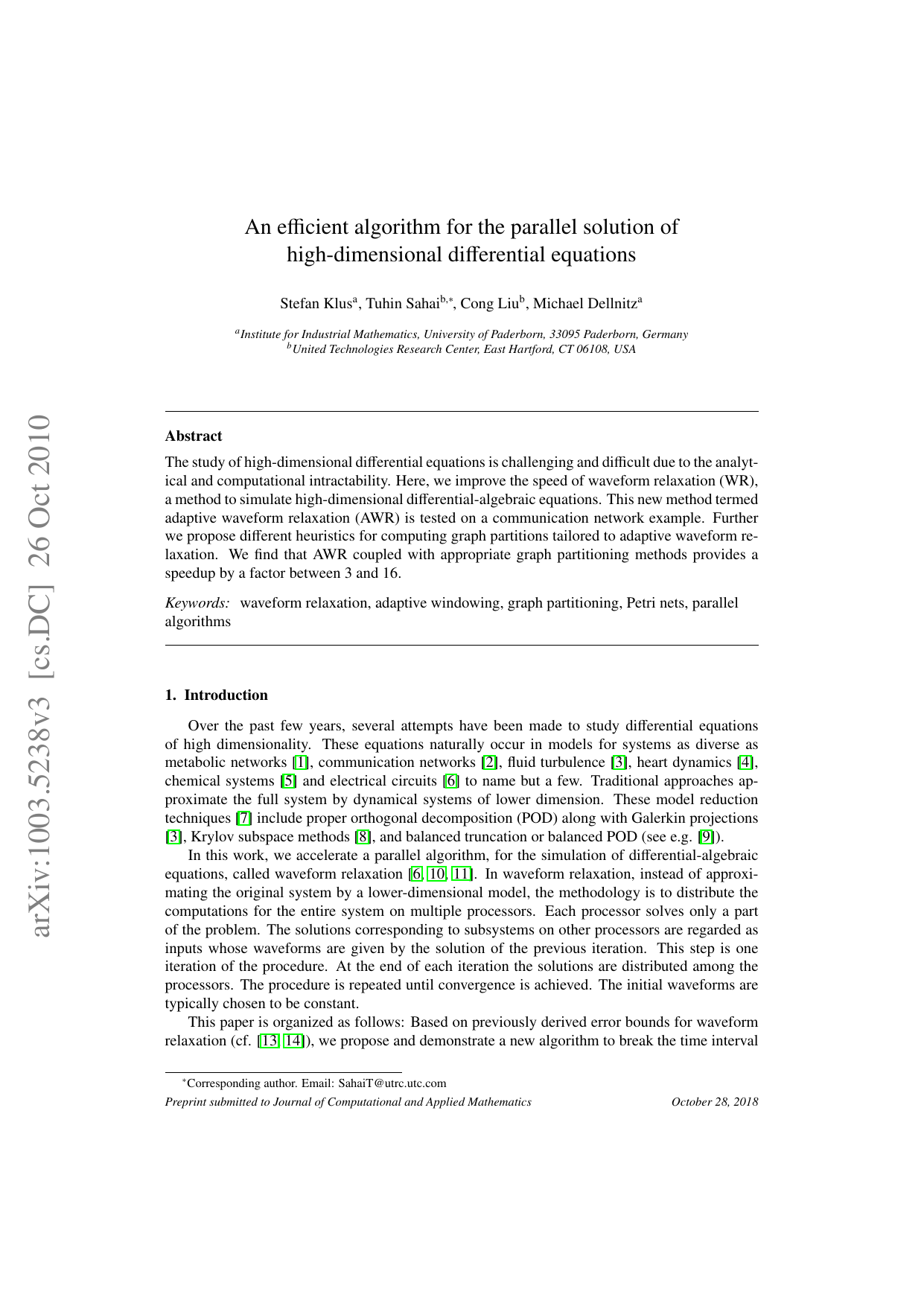 An efficient algorithm for the parallel solution of high-dimensional   differential equations