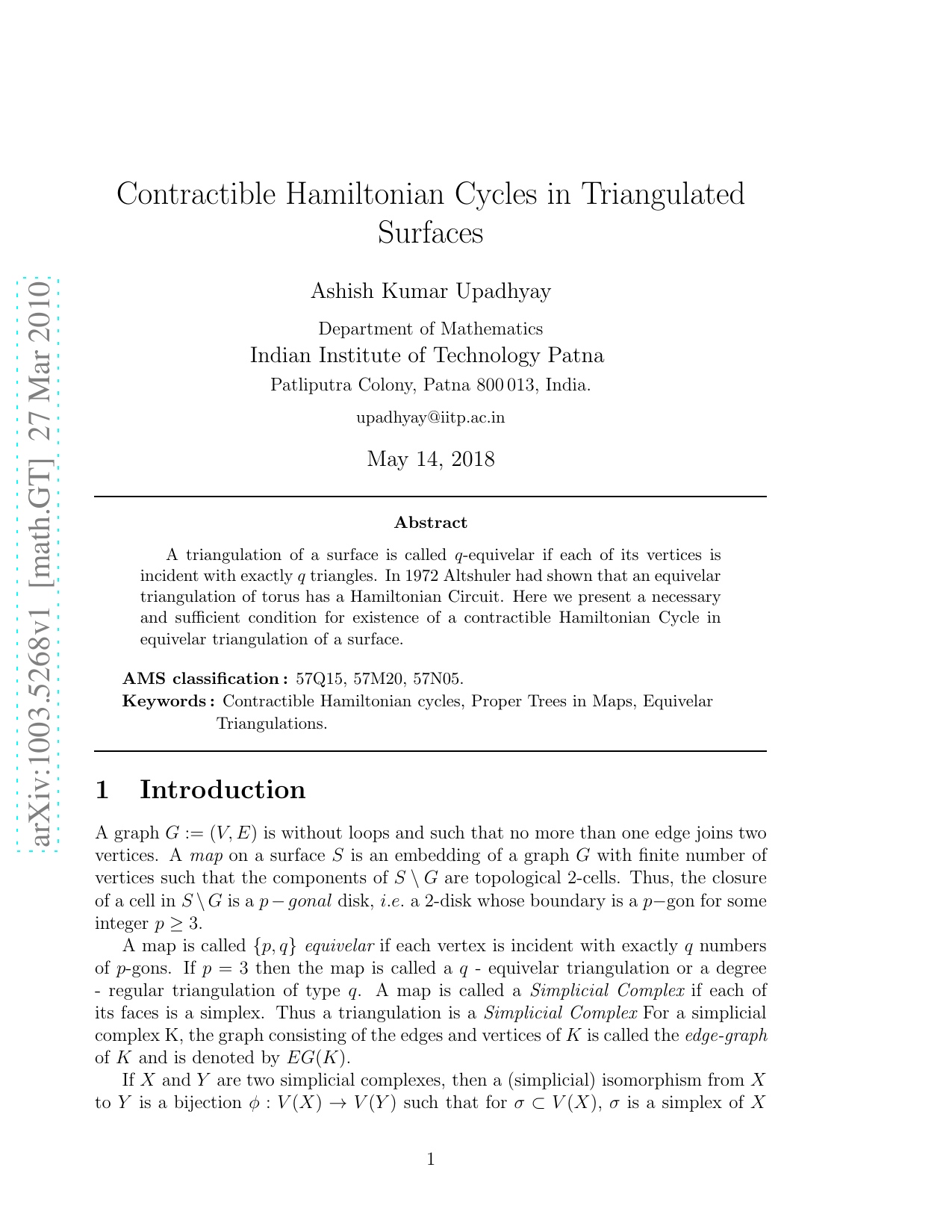 Contractible Hamiltonian Cycles in Triangulated Surfaces