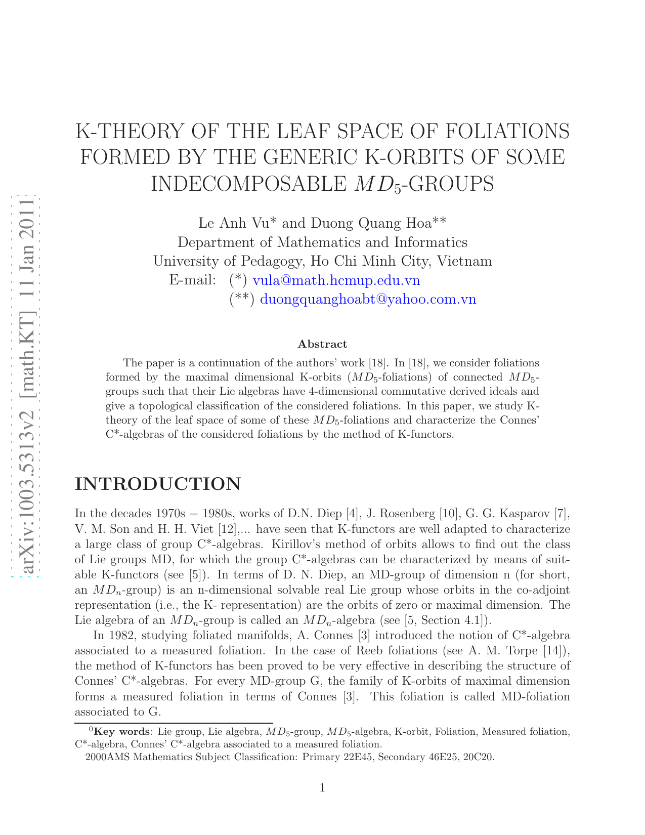 K-Theory for the Leaf Space of Foliations formed by the Generic K-Ornits   of some indecomposable $MD_5$-Groups