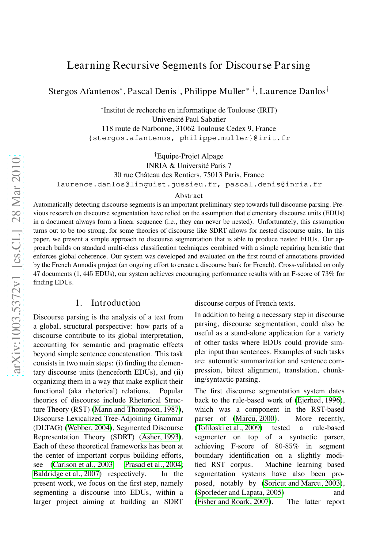 Learning Recursive Segments for Discourse Parsing