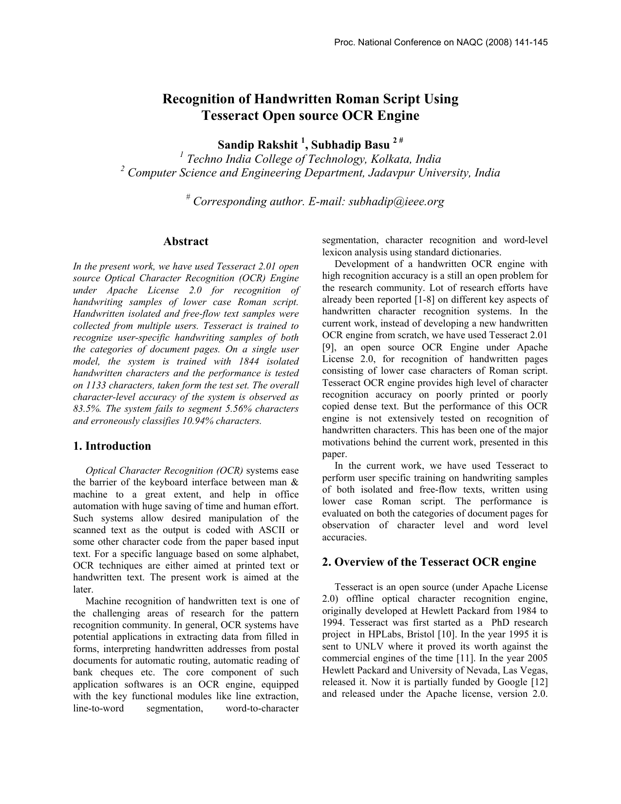 Recognition of Handwritten Roman Script Using Tesseract Open source OCR   Engine