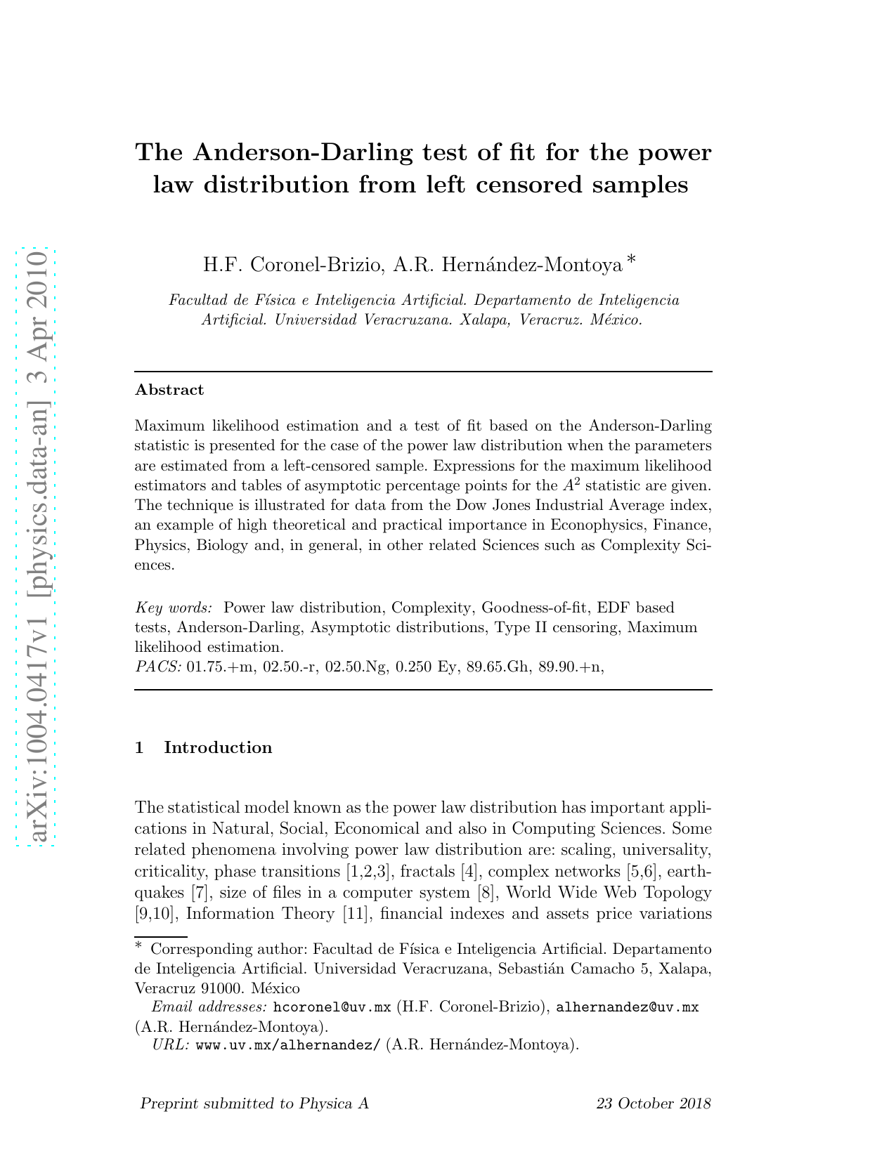 The Anderson-Darling test of fit for the power law distribution from   left censored samples