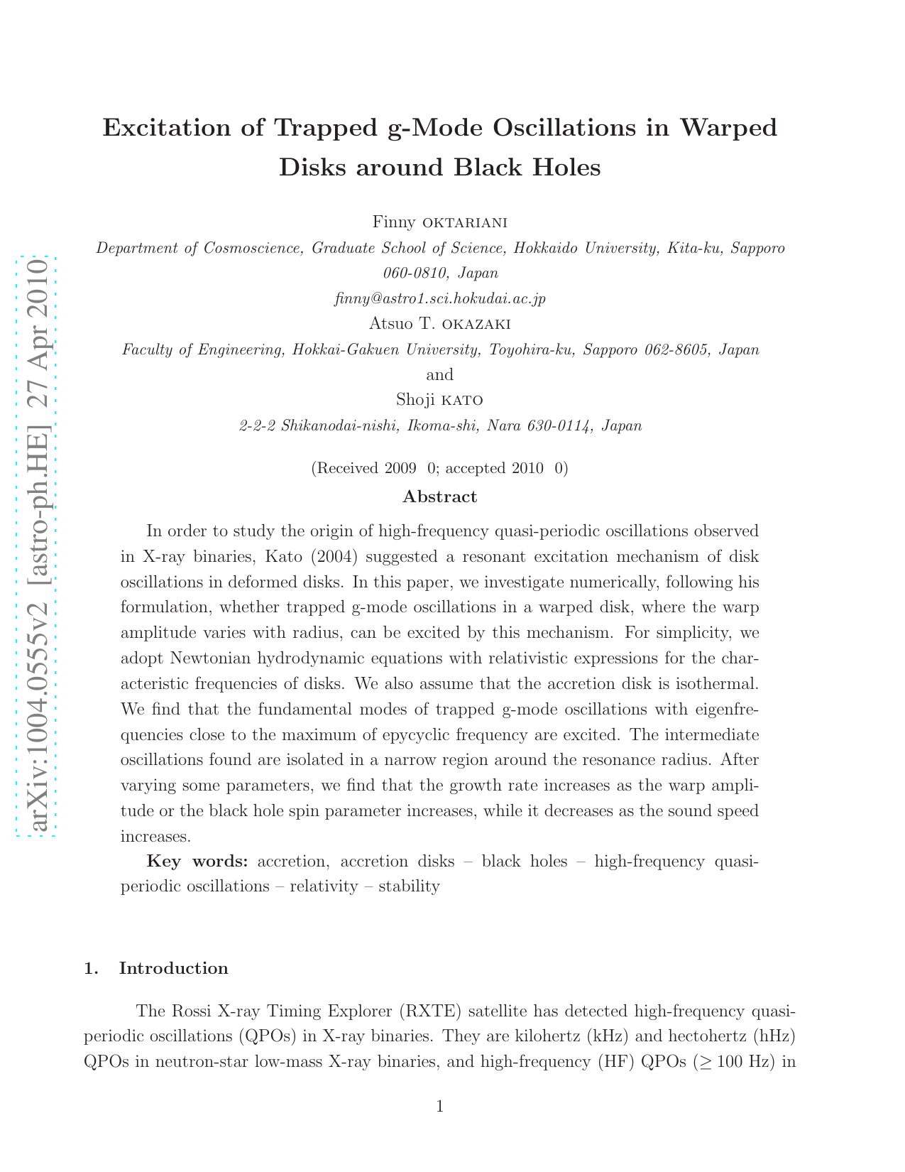 Excitation of Trapped g-Mode Oscillations in Warped Disks around Black   Holes