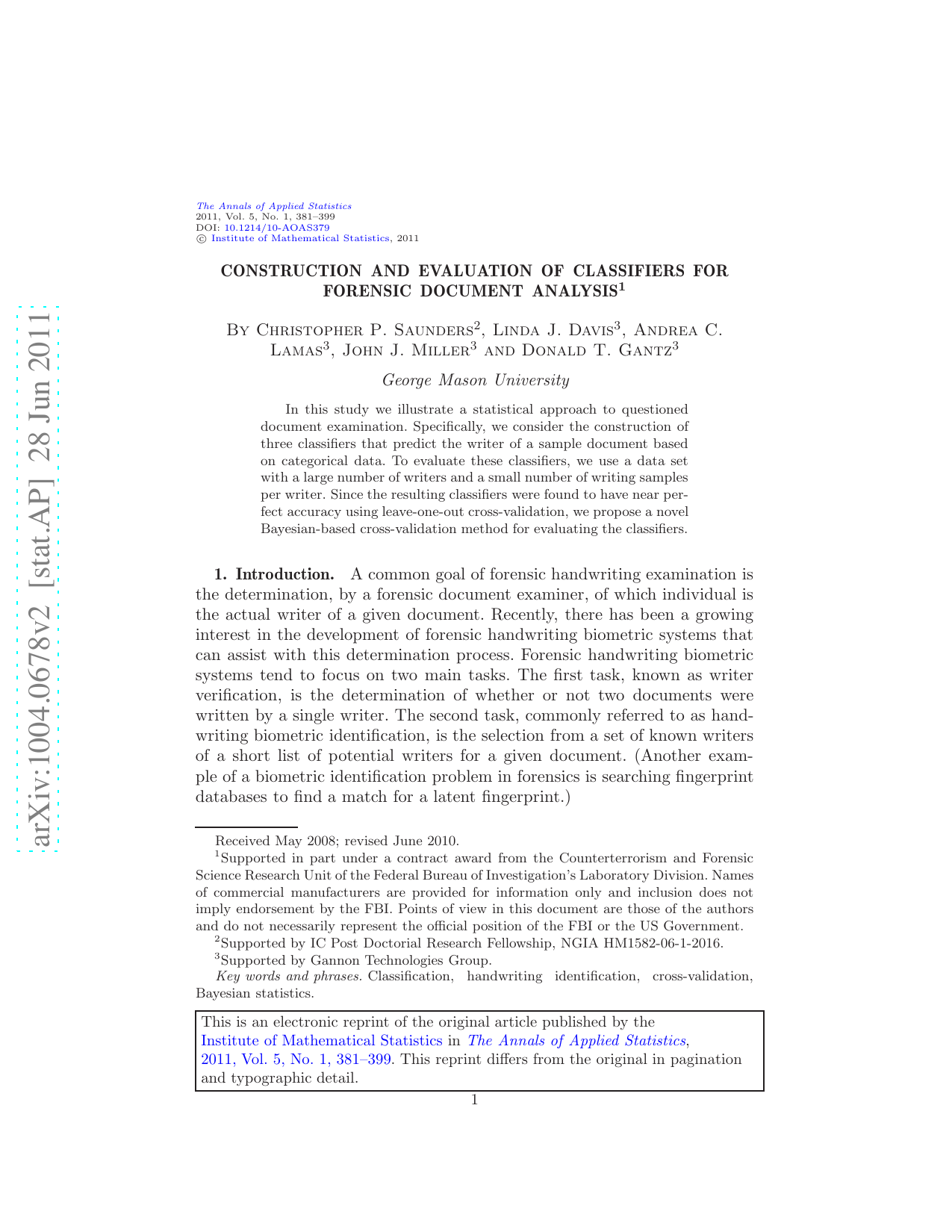 Construction and evaluation of classifiers for forensic document analysis
