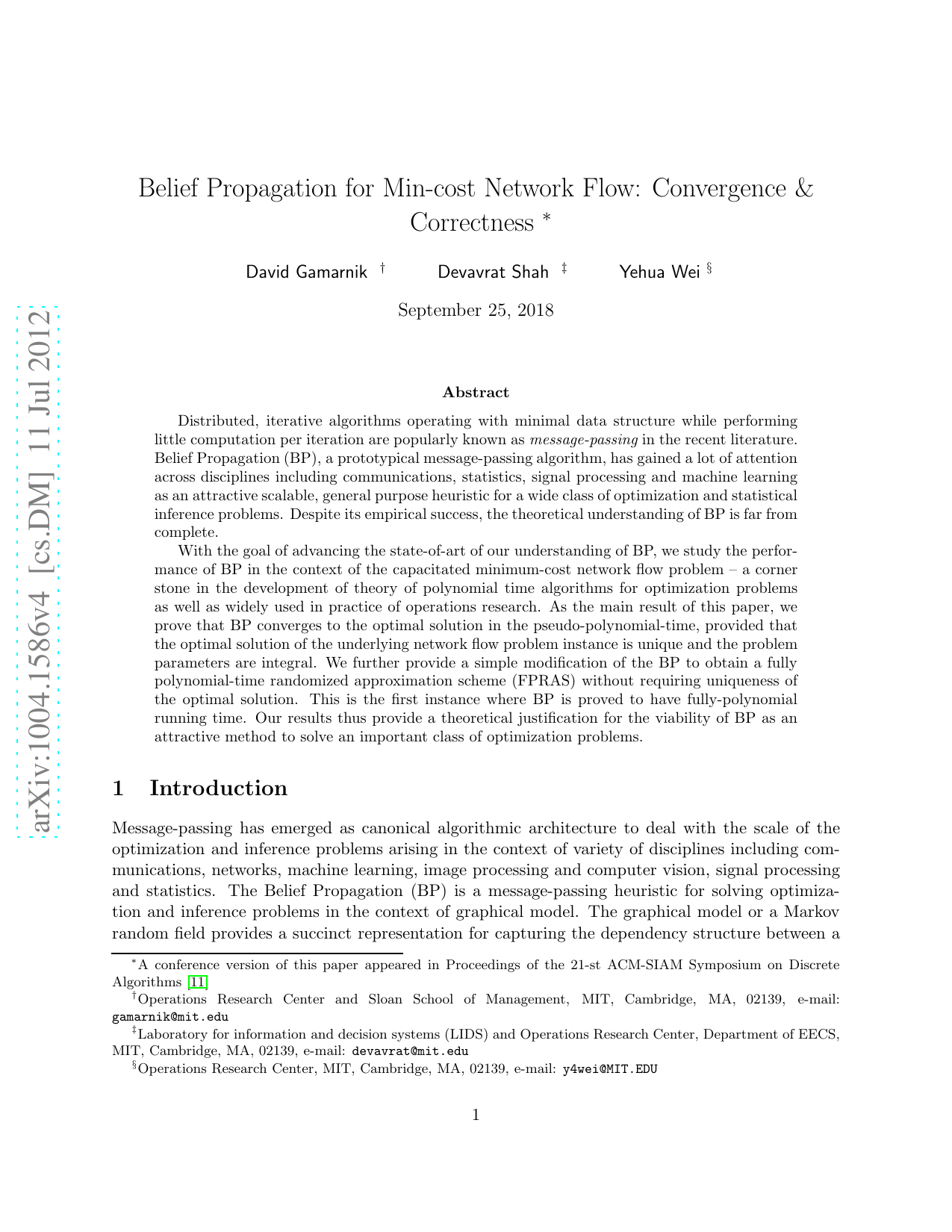 Belief Propagation for Min-cost Network Flow: Convergence and   Correctness