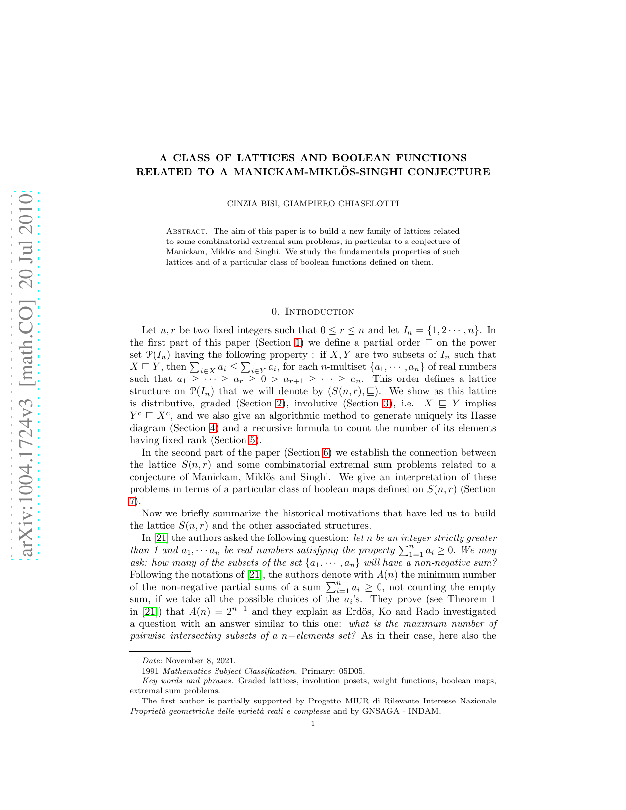 A Class of lattices and boolean functions related to a   Manickam-Mikl'os-Singhi Conjecture