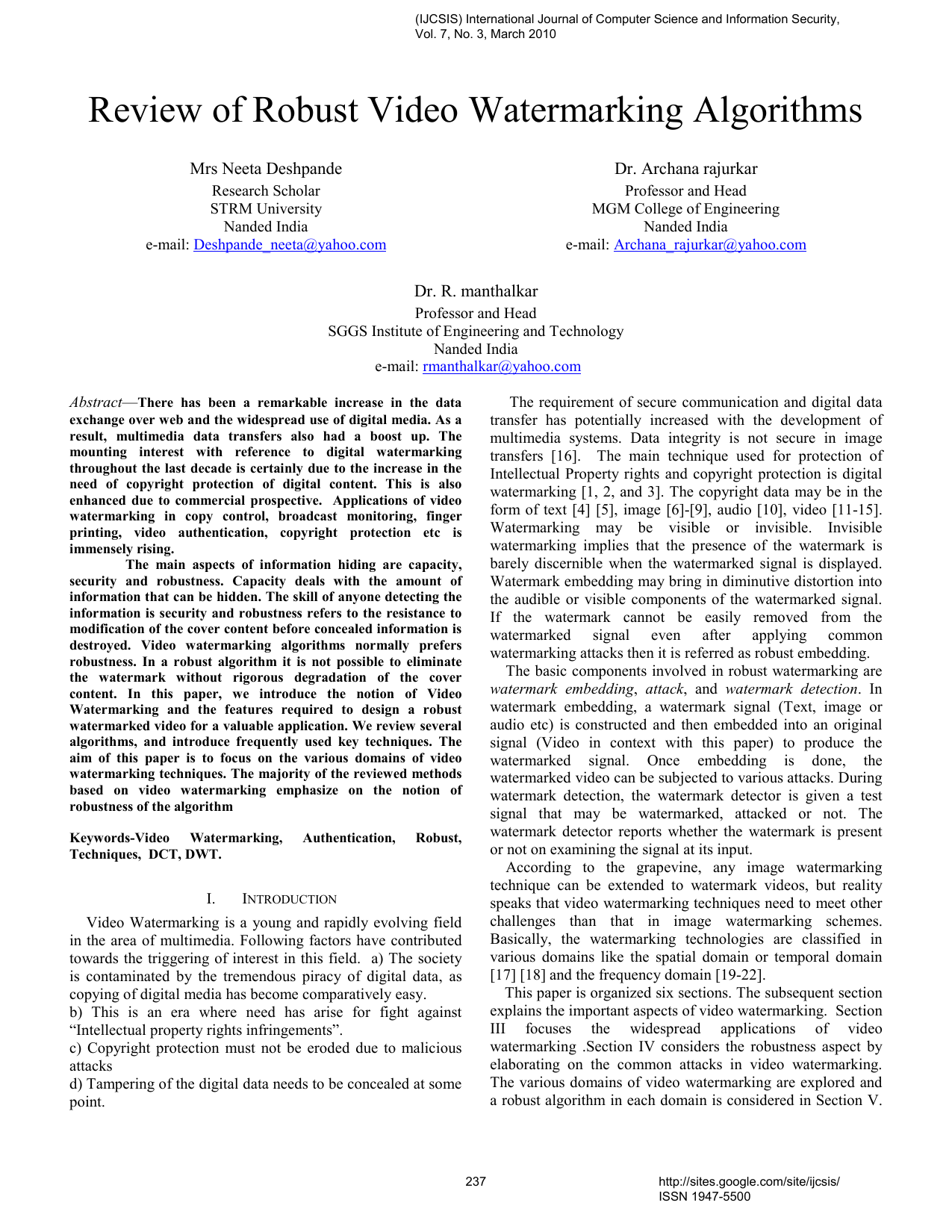 Review of Robust Video Watermarking Algorithms