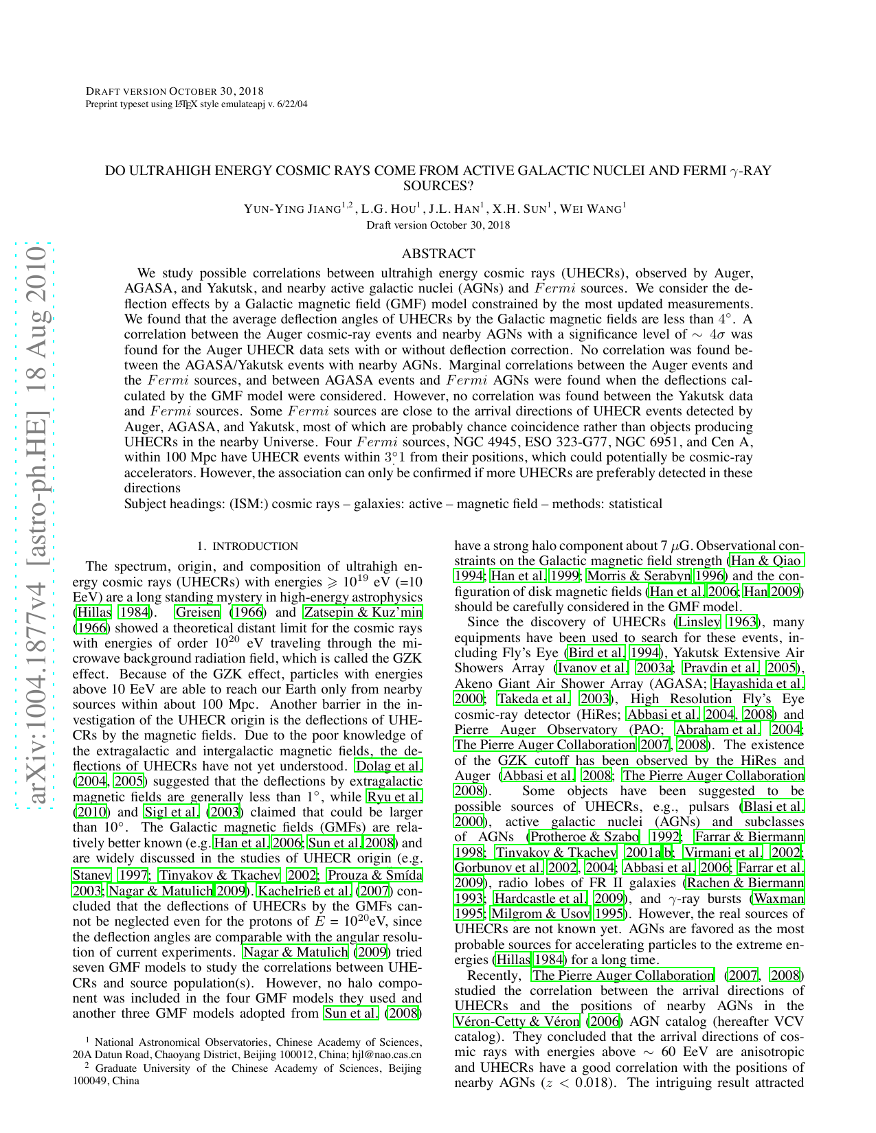 Do Ultrahigh Energy Cosmic Rays Come from Active Galactic Nuclei and   Fermi $gamma$-ray Sources?