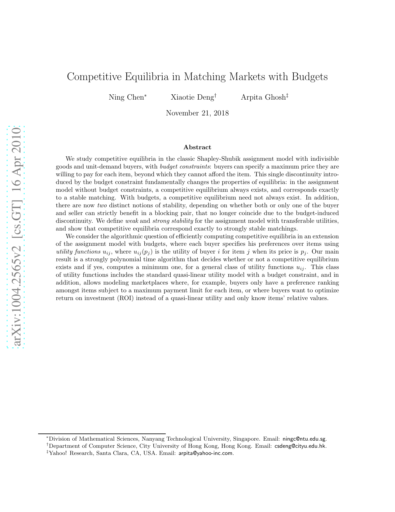 Competitive Equilibria in Matching Markets with Budgets