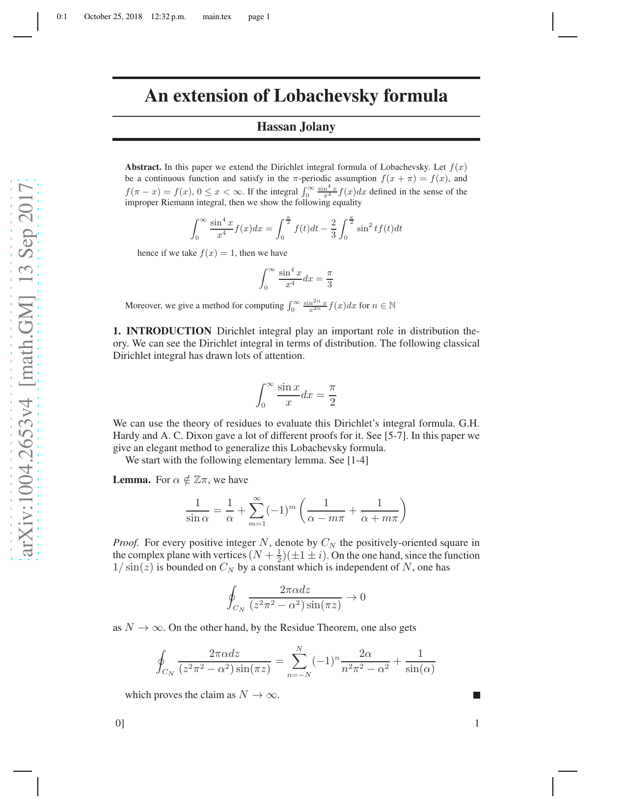 An extension of Lobachevsky formula