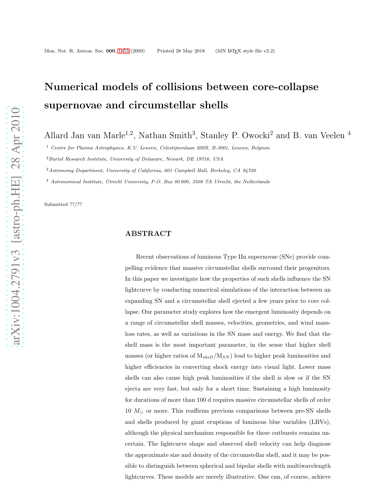 Numerical models of collisions between core-collapse supernovae and   circumstellar shells