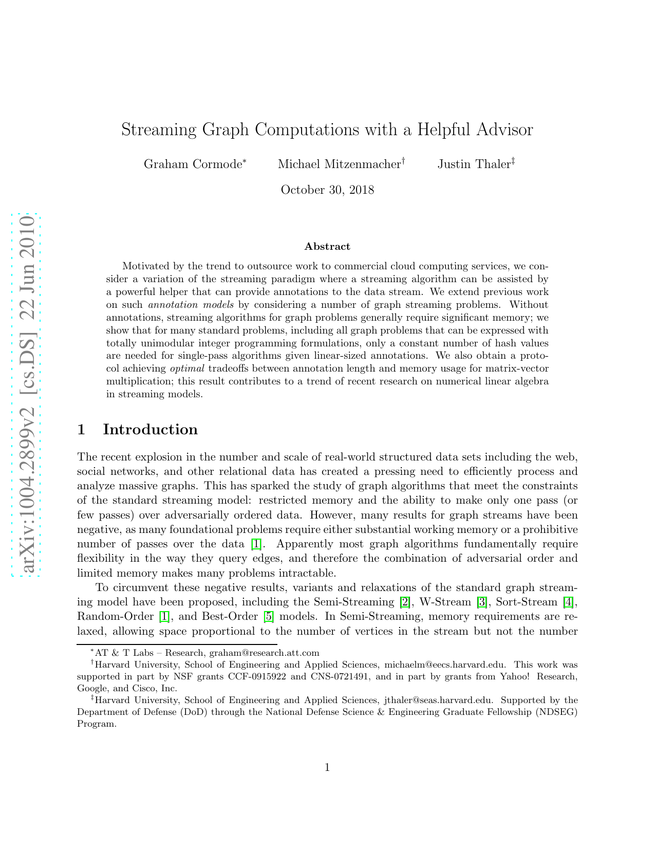 Streaming Graph Computations with a Helpful Advisor