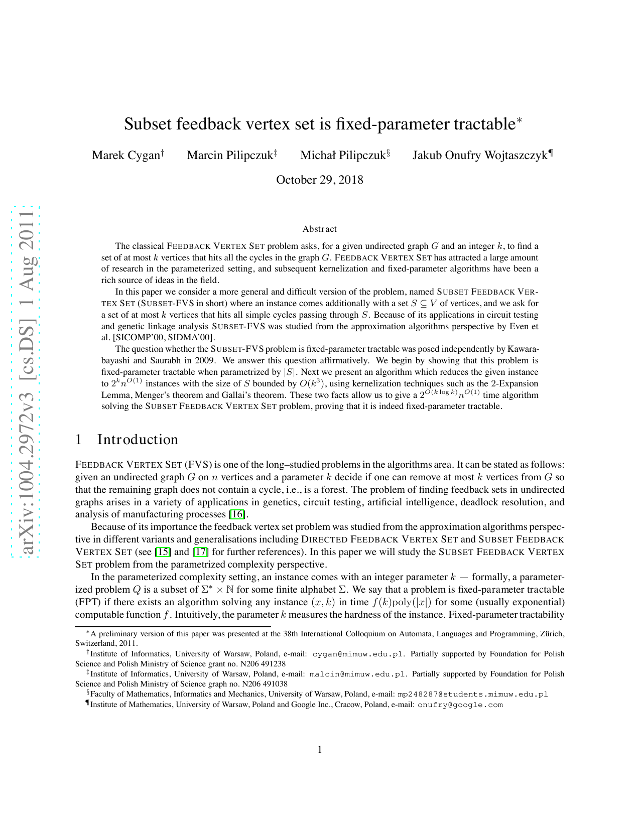 Subset feedback vertex set is fixed parameter tractable