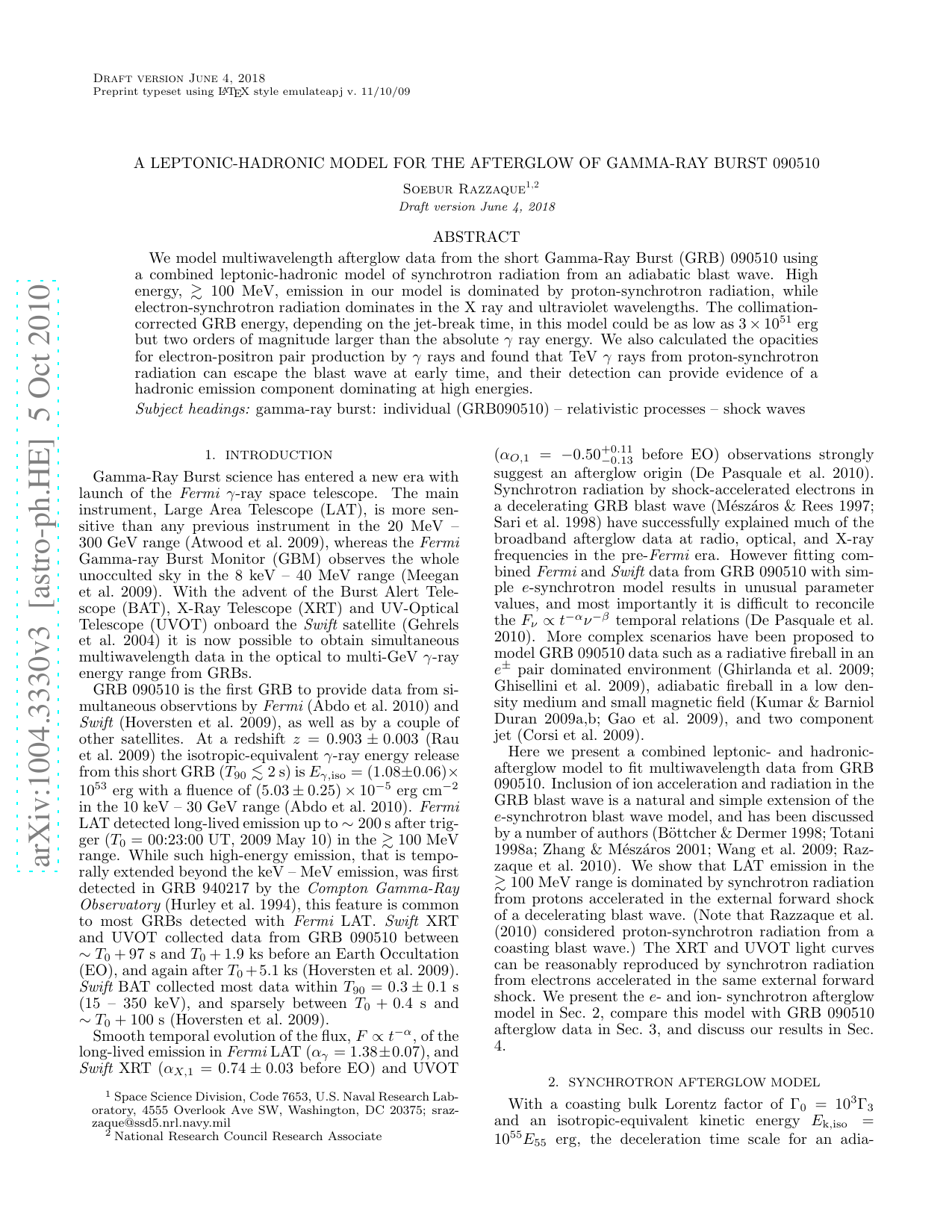 A leptonic-hadronic model for the afterglow of gamma-ray burst 090510