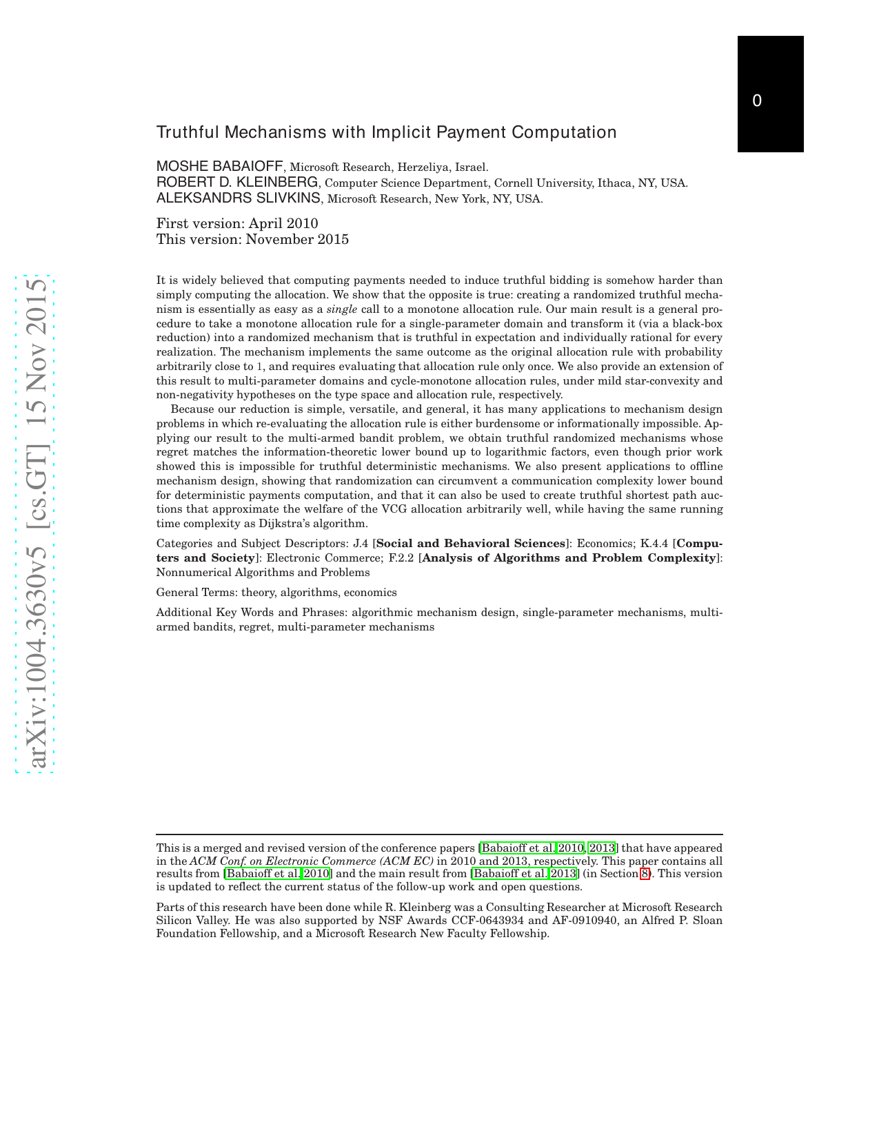 Truthful Mechanisms with Implicit Payment Computation