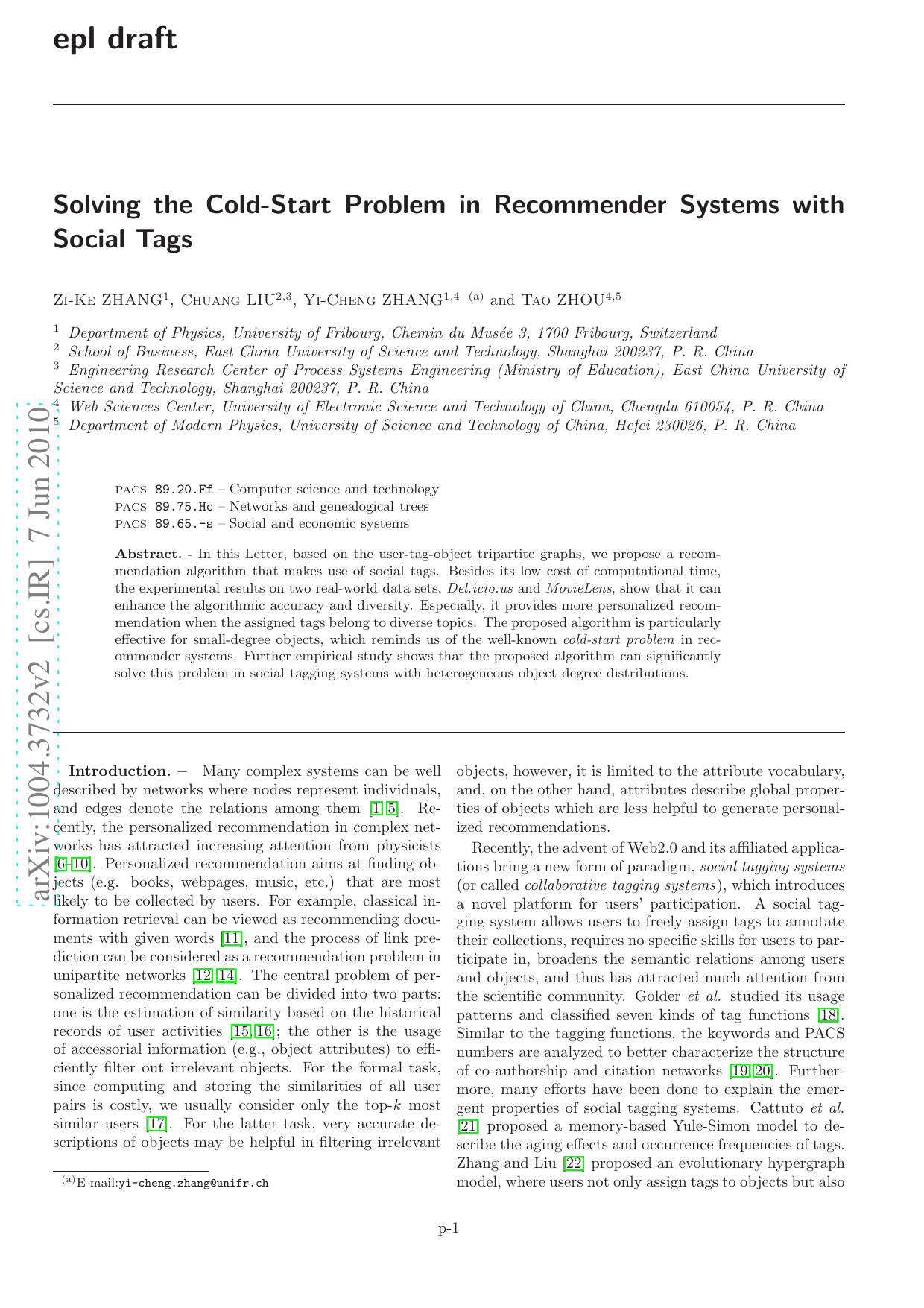 Solving the Cold-Start Problem in Recommender Systems with Social Tags