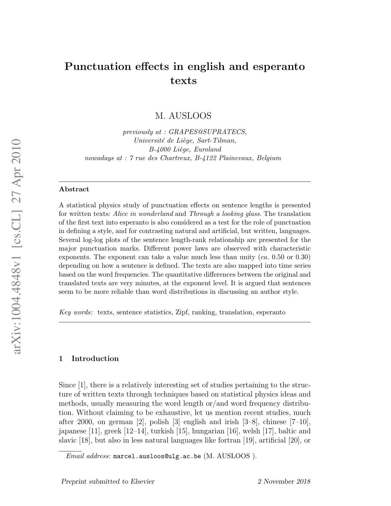 Punctuation effects in English and Esperanto texts