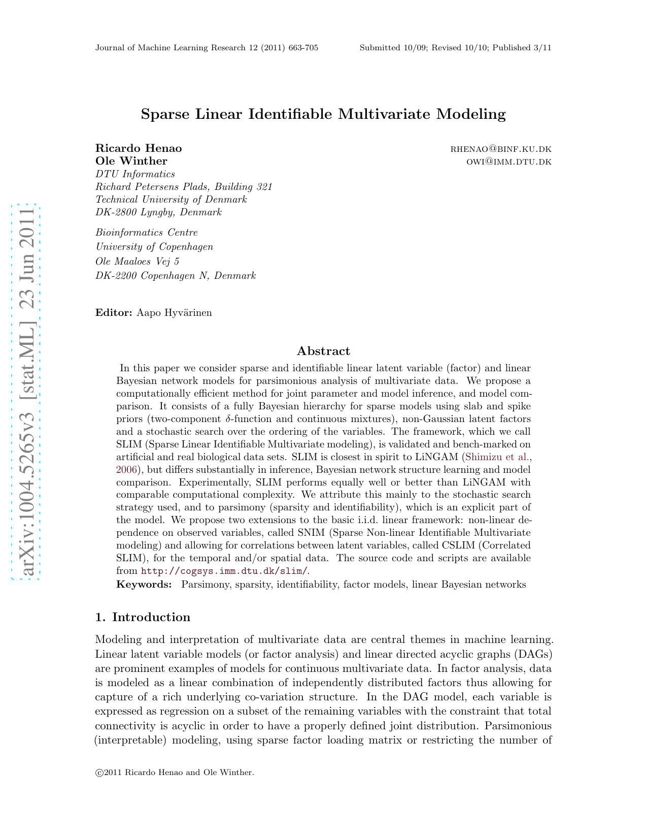 Sparse Linear Identifiable Multivariate Modeling