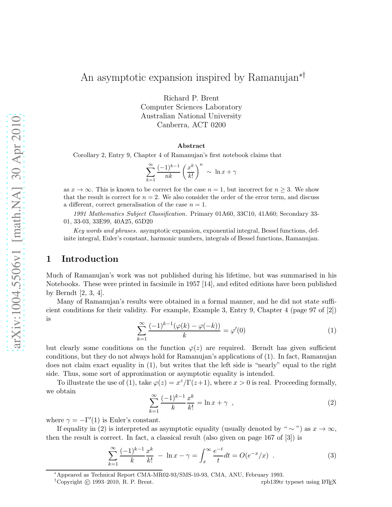 An asymptotic expansion inspired by Ramanujan