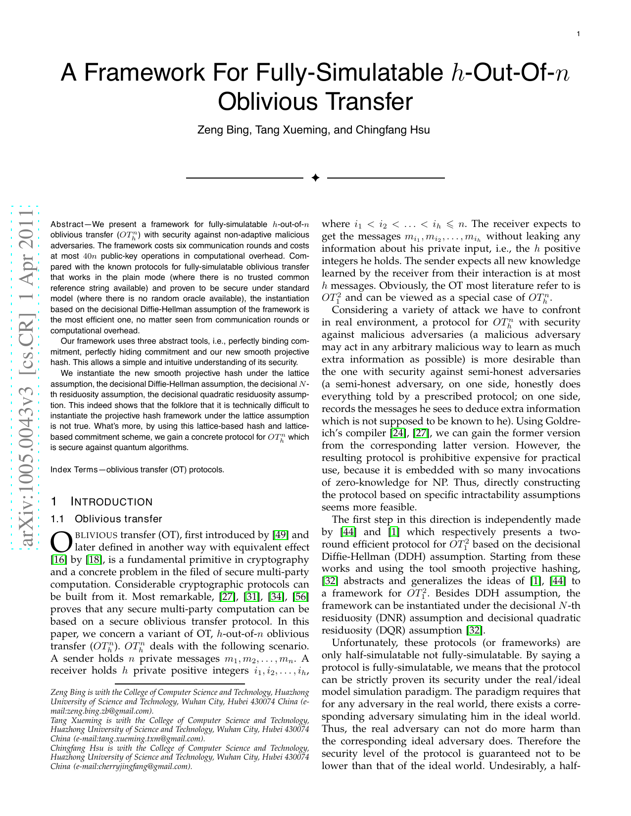 A Framework For Fully-Simulatable $h$-Out-Of-$n$ Oblivious Transfer