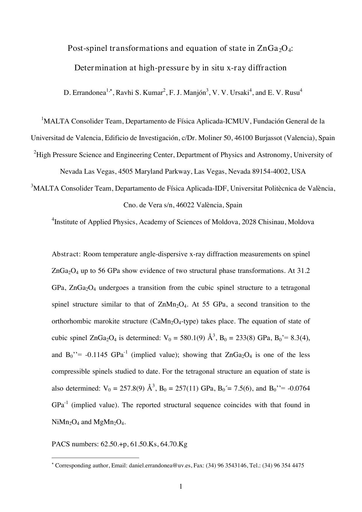 Post-spinel transformations and equation of state in ZnGa2O4:   Determination at high-pressure by in situ x-ray diffraction