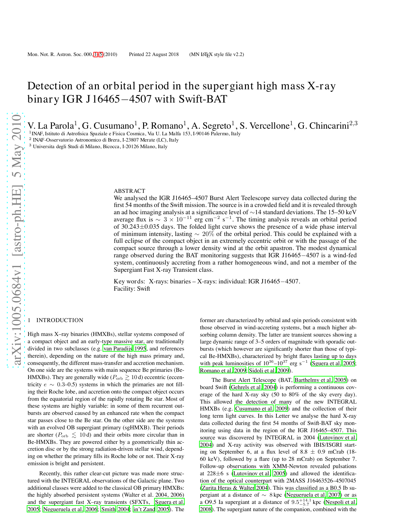 Detection of an orbital period in the supergiant high mass X-ray binary   IGR J16465$-$4507 with Swift-BAT