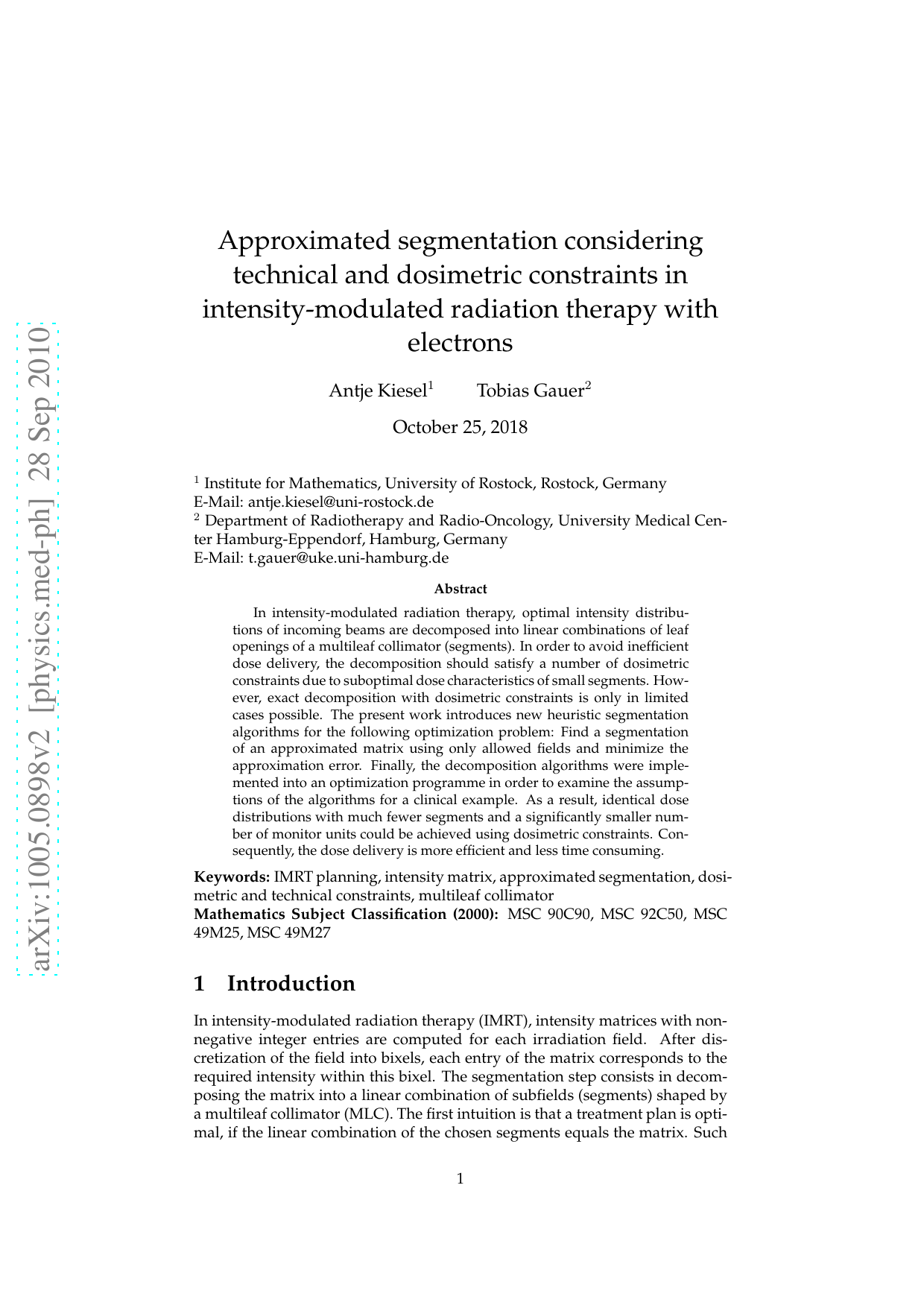 Approximated segmentation considering technical and dosimetric   constraints in intensity-modulated radiation therapy with electrons