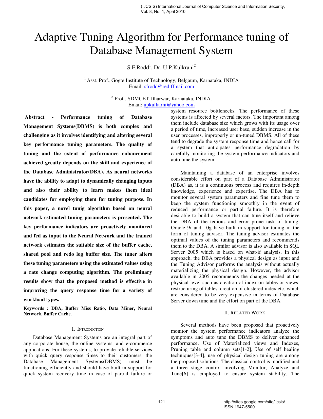 Adaptive Tuning Algorithm for Performance tuning of Database Management System