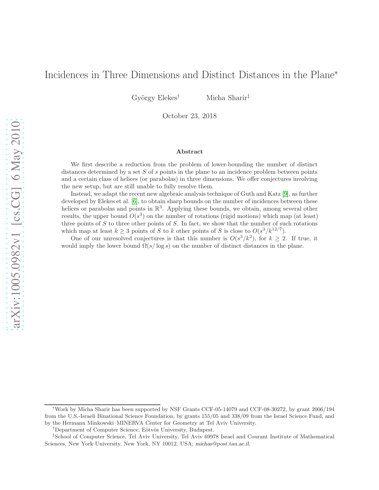 Incidences in Three Dimensions and Distinct Distances in the Plane