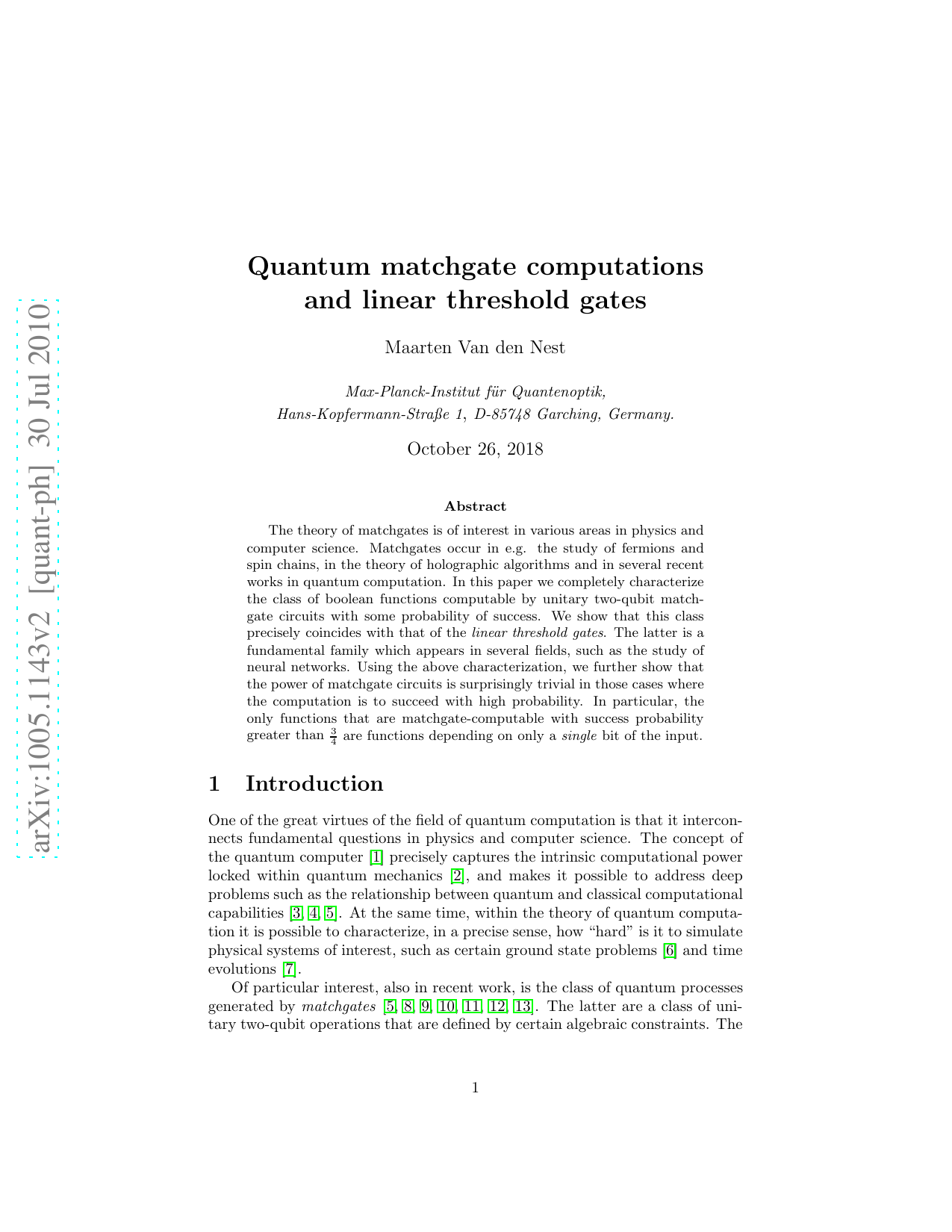 Quantum matchgate computations and linear threshold gates