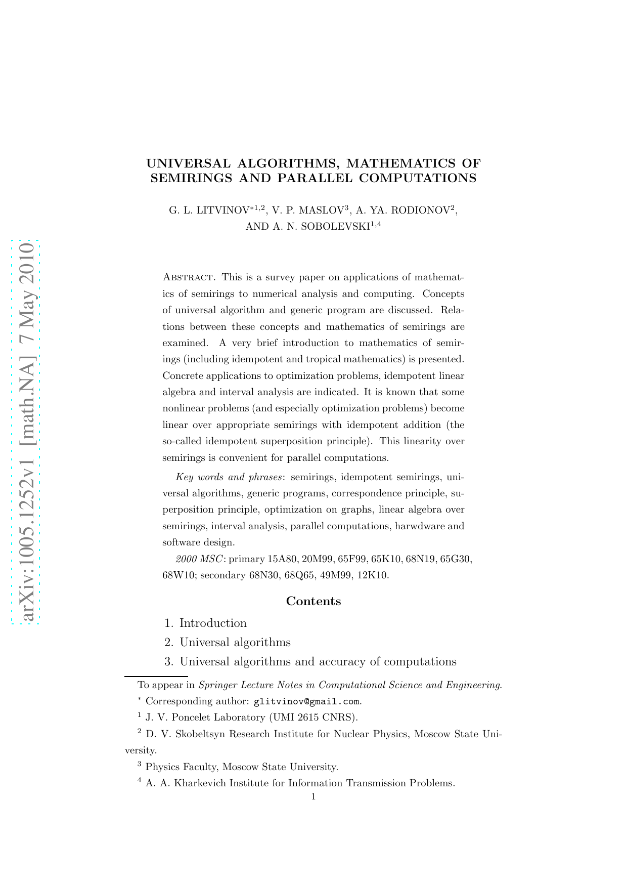 Universal algorithms, mathematics of semirings and parallel computations