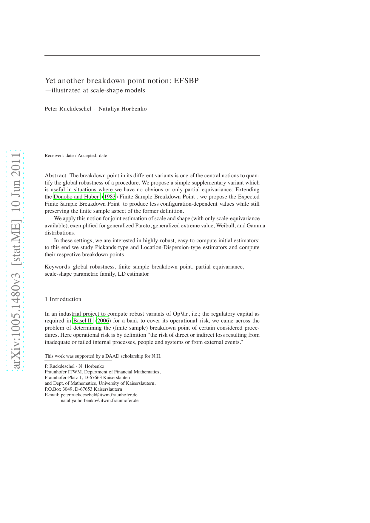Yet another breakdown point notion: EFSBP - illustrated at scale-shape   models