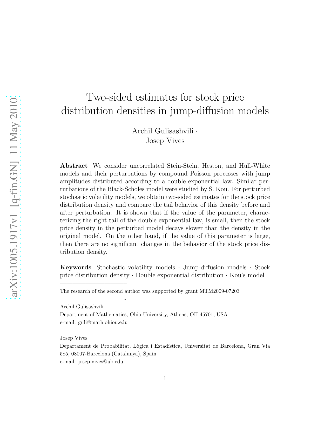 Two-sided estimates for stock price distribution densities in   jump-diffusion models