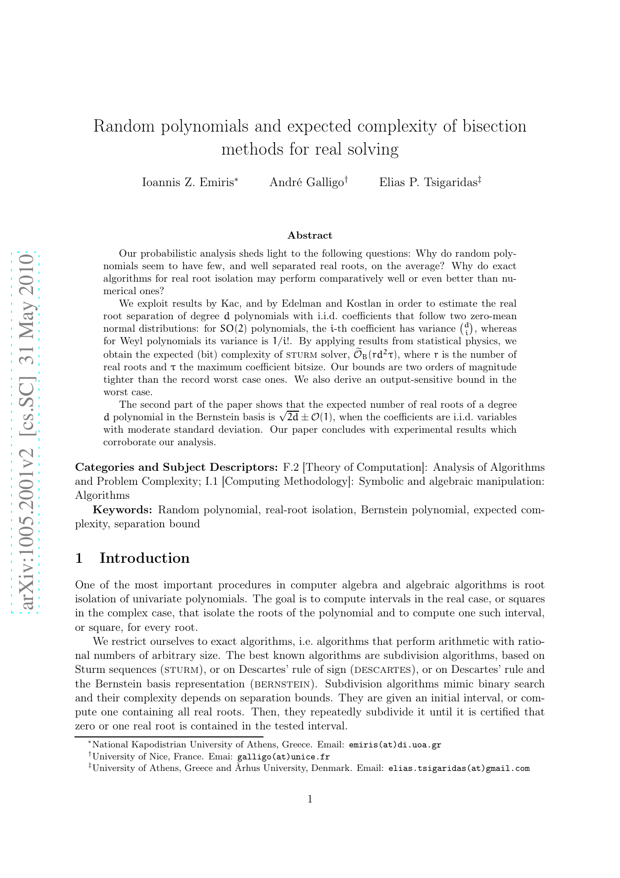 Random polynomials and expected complexity of bisection methods for real solving