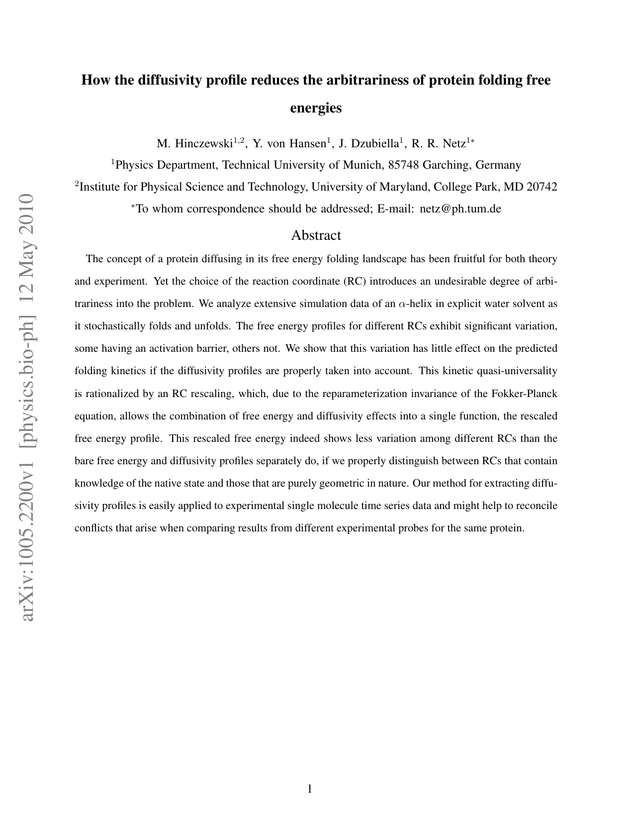 How the diffusivity profile reduces the arbitrariness of protein folding   free energies