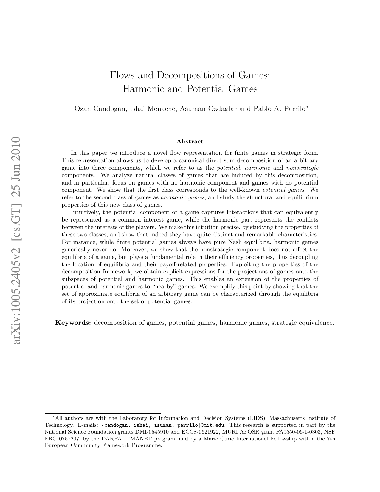 Flows and Decompositions of Games: Harmonic and Potential Games