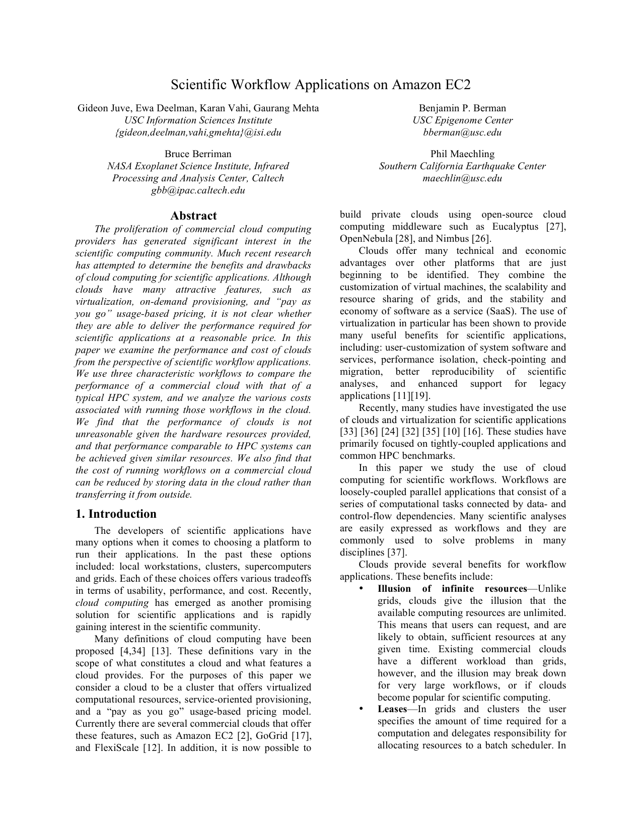 Scientific Workflow Applications on Amazon EC2