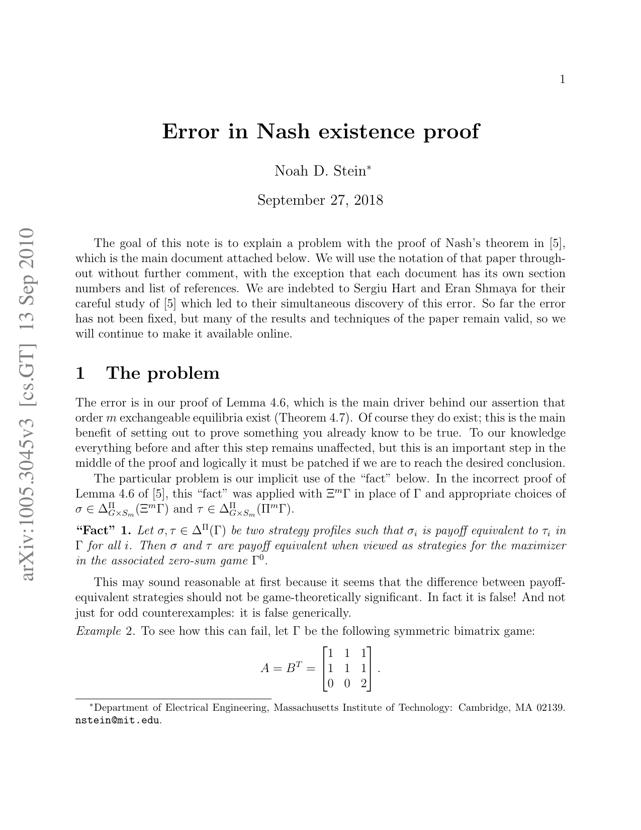 A partial proof of Nashs Theorem via exchangeable equilibria