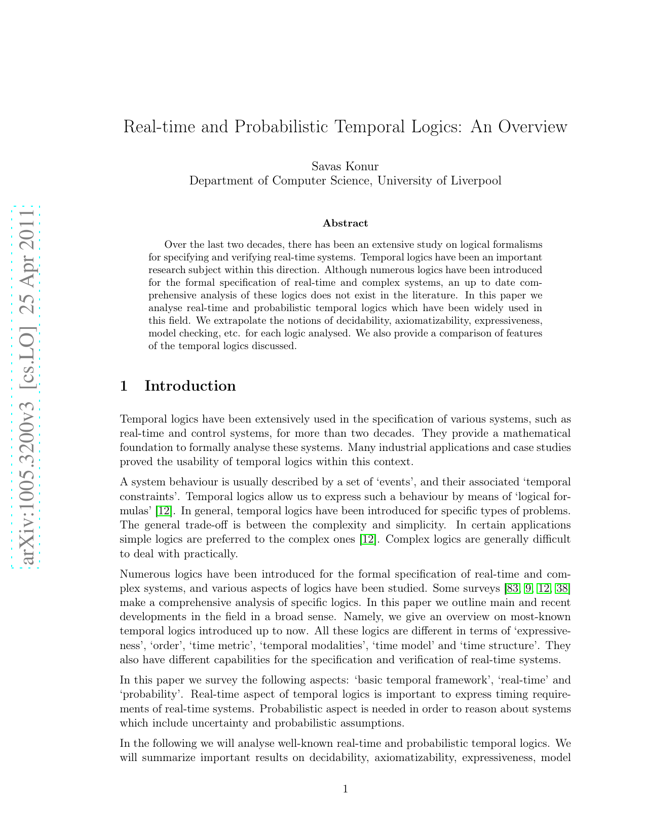 Real-time and Probabilistic Temporal Logics: An Overview