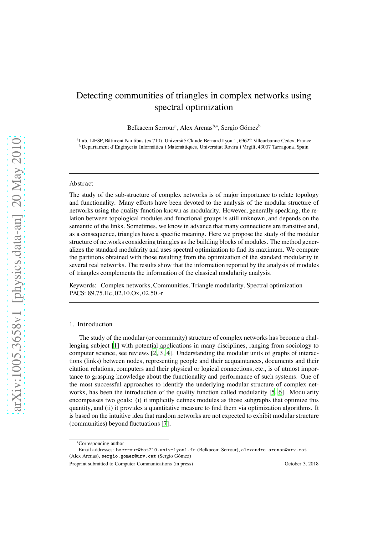 Detecting communities of triangles in complex networks using spectral optimization