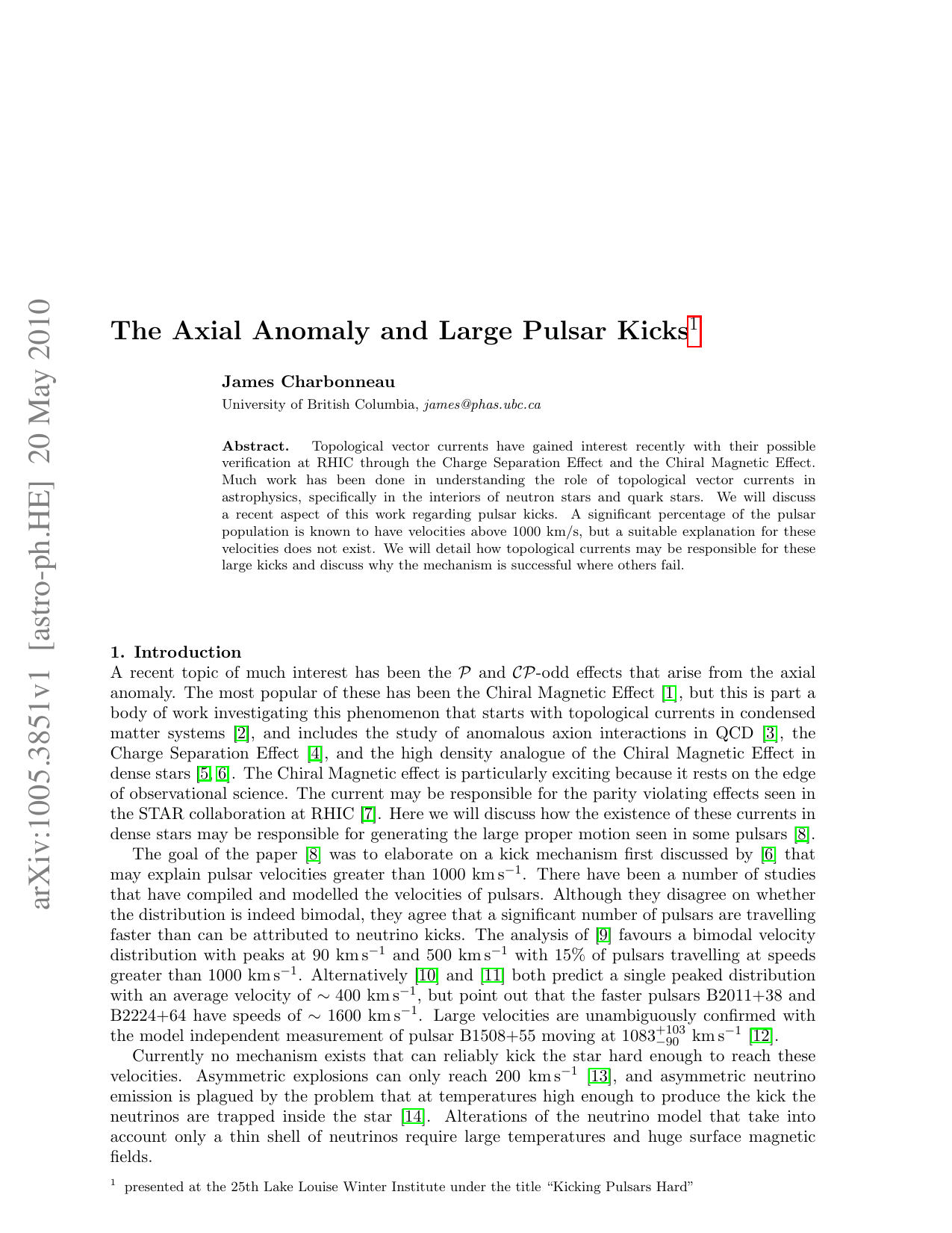 The Axial Anomaly and Large Pulsar Kicks