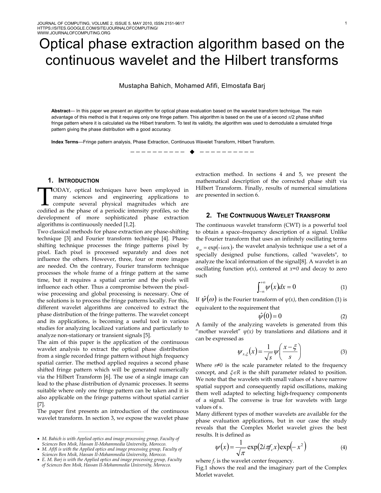 Optical phase extraction algorithm based on the continuous wavelet and the Hilbert transforms