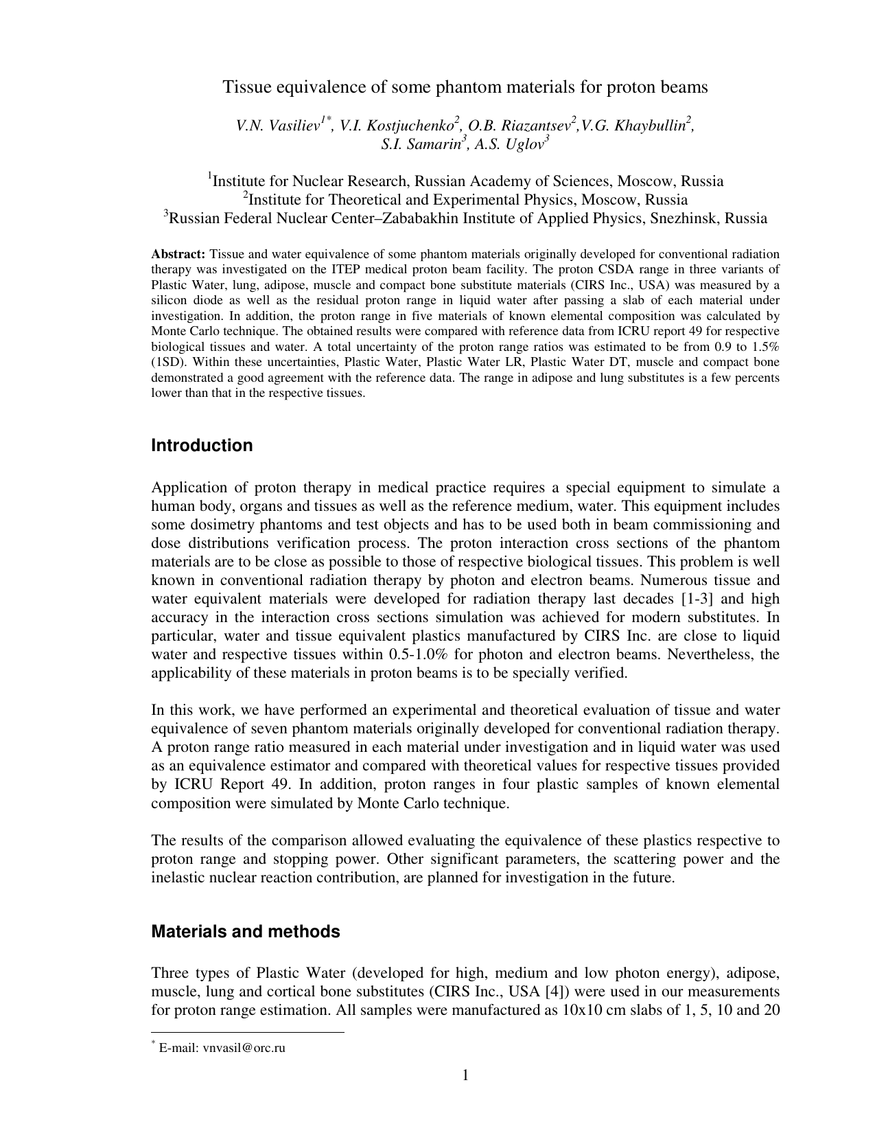 Tissue equivalence of some phantom materials for proton beams