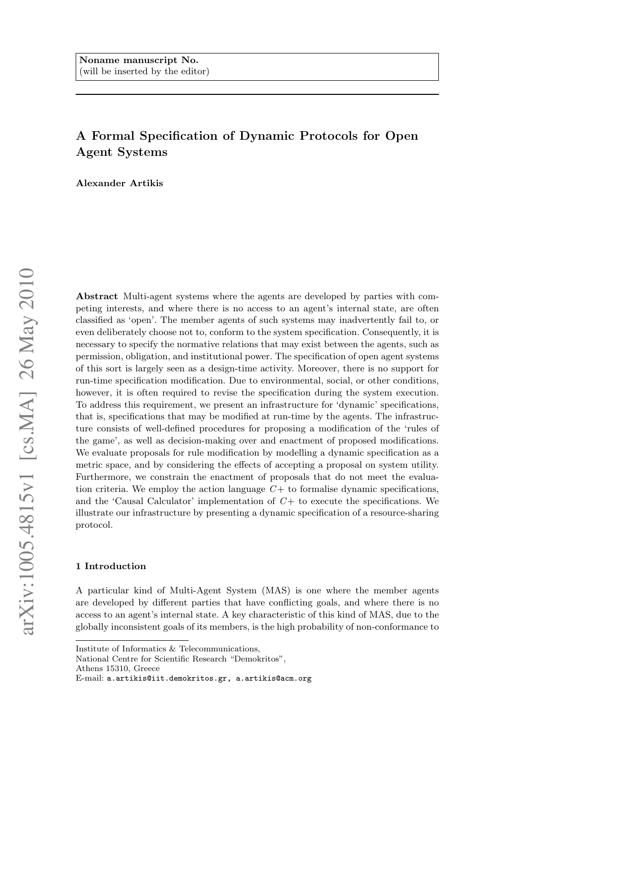 A Formal Specification of Dynamic Protocols for Open Agent Systems